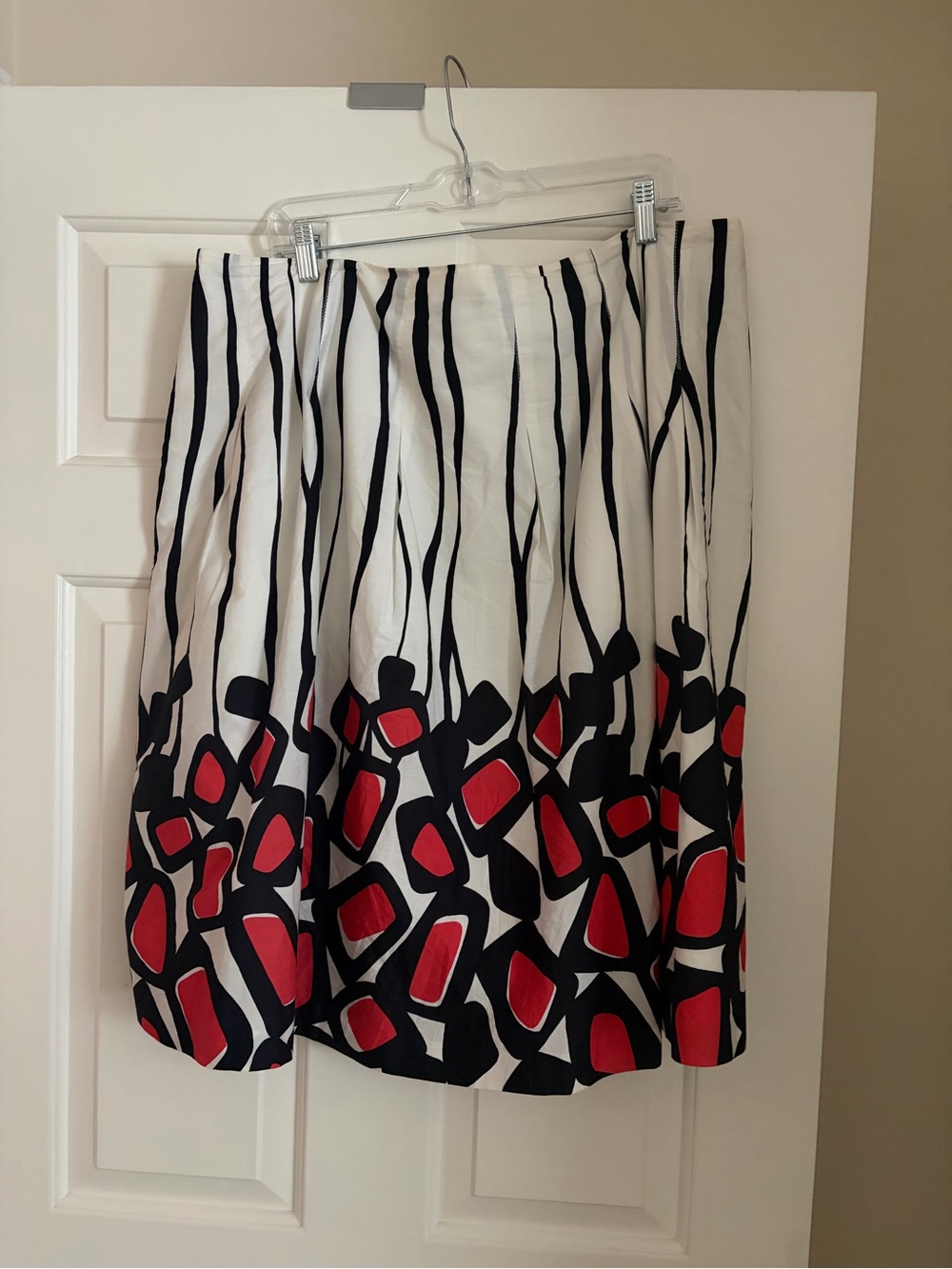 Talbots White A-Line Skirt with Black Stripes & Red Geometric Accents